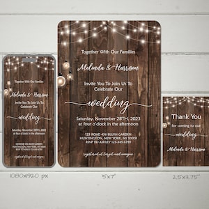 Ensemble de modèles de faire-part de mariage rustique, bois rustique et lumières Mason, téléchargement immédiat, modèle auto-modifiable, RWDNG