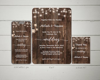 Rustic Wedding Invitation Template Set, Rustic Wood And Mason Lights, Instant Download, Self - Editable Template, RWDNG