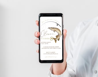 May include: A smartphone displays a birthday invitation with a fishing theme. The invitation features a fish graphic, fishing rod illustration, and the text "Oliver is turning 8." Additional text includes event details and RSVP information.