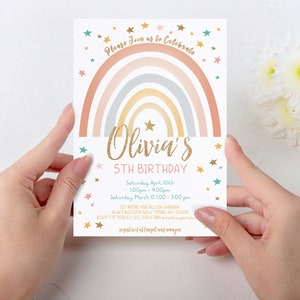 Pastel Rainbow Birthday Invitation Template, Gold Stars Modern Boho Rainbow, Fun Girls Birthday Invitation Template, Easy Edit - Download