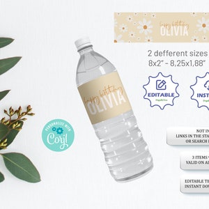 May include: Editable printable water bottle labels with a daisy pattern and the text "Happy Birthday Olivia" in a gold script font. The labels are available in two sizes: 8x2 inches and 8.25x1.88 inches. The labels are for instant download.
