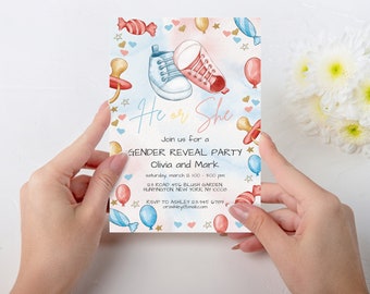 Pink and Light Blue Gender Reveal Invitation Template,  Baby Shoes Idea Gender Reveal Invitation, He or She Candys Stars Background Invite