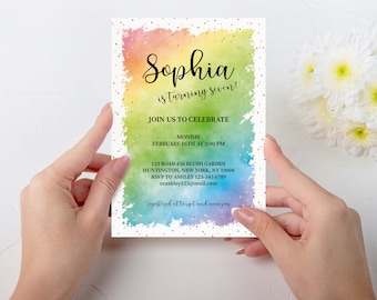 May include: A colorful invitation with a watercolor background in shades of pink, green, blue, and yellow with gold glitter. The invitation says "Sophia is turning seven!" and includes details for a birthday party.