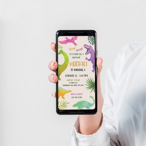 May include: A digital invitation for a dinosaur-themed birthday party. The invitation features a colorful illustration of dinosaurs and tropical leaves. The text on the invitation reads "Stomp Chowd Let's Party Like a Dinosaur Michael is turning 6 October 18 - 3:00 PM  [address] RSVP to [phone number]"