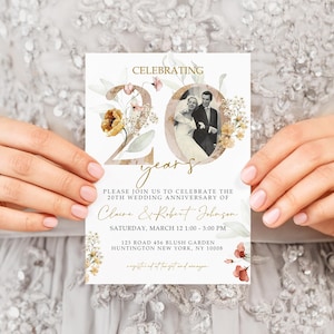 Gold Floral 20th Wedding Anniversary Invitation Template, Golden Anniversary Photo Invitation Template, Editable Template, With Photo, 20THA