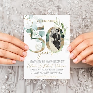 Gold Green Floral 50th Wedding Anniversary Invitation Template, Golden Anniversary Photo Invitation Editable Template, With Photo, 50THA
