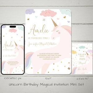 Unicorn Birthday Party Mini Set, Magic Party Set, Invitation, Mobile Invitation, Favor Gift Tags, Invitation Bundle,   UNC