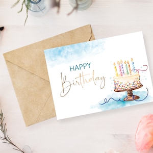 Cartão de Feliz Aniversário, Cartão de Aniversário para Imprimir Digitalmente, Aquarela Dourado e Azul, Cartão de Feliz Aniversário para Imprimir,