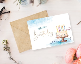 Happy Birthday Card, Digital Download Printable Birthday Card, Watercolor Gold and Blue, Printable Happy Birthday Card,