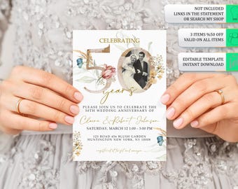 50th Wedding Anniversary Invitation Template, Golden Anniversary Photo  Invitation Template, Editable Template, With Photo, 50THA