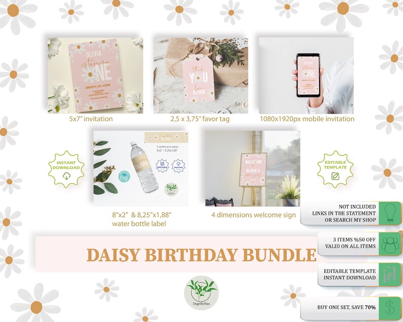 May include: Daisy themed birthday party printable bundle with editable templates for invitations, favor tags, water bottle labels, and a welcome sign. The bundle includes a 5x7 inch invitation, a 2.5x3.75 inch favor tag, an 8x2 inch and 8.25x1.88 inch water bottle label, and a welcome sign in four different sizes. The design features a pink background with white daisies and gold accents. The text on the invitation says "Olivia Turns One". The text on the favor tag says "Thank You for Olivia". The text on the water bottle label says "Olivia". The text on the welcome sign says "Welcome Olivia".