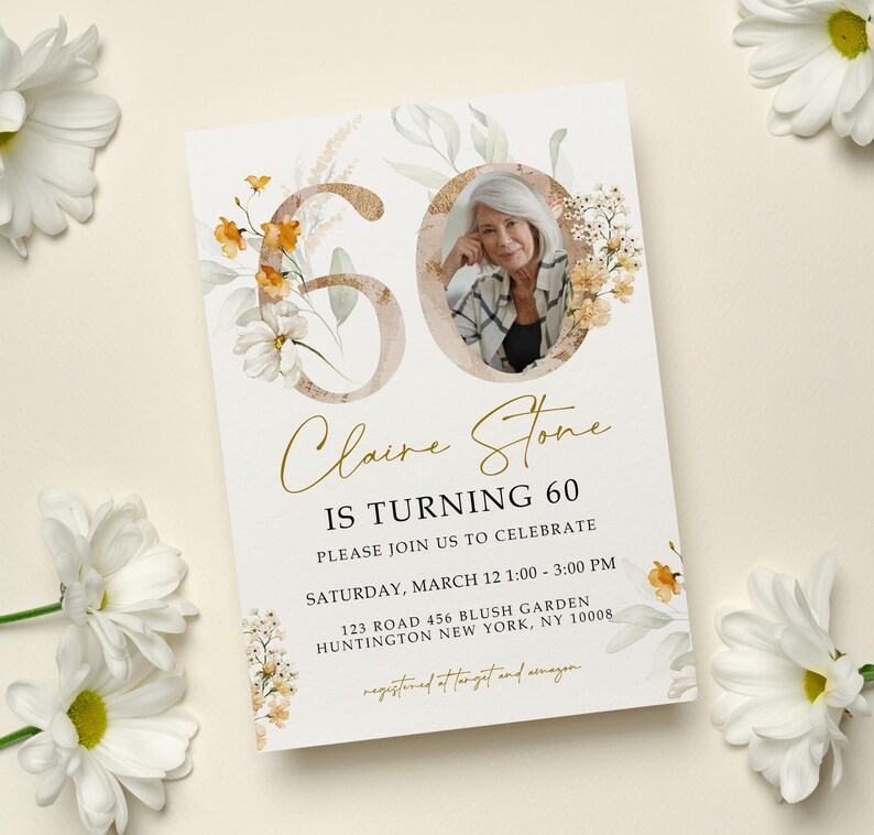 Gold Floral Number 60th Birthday Invitation Template, 60th Wildflower