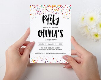 Colorful Confetti Party Invitation Template, It's Party Time, Colorful Invite, Simple Birthday Invitations, Instant Download, Confety, CNFT