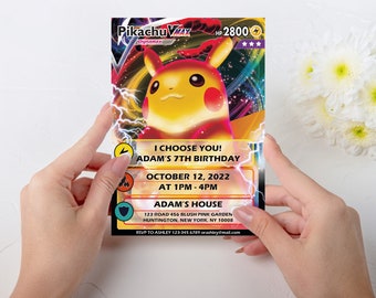 Cartoon Game Character Card Birthday Invitation Template, Game Card Bday Invitation, Yellow Red Lightning Character Invite, PKMN