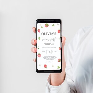 Modern Strawberry Birthday Digital Invitation Template, Mobile First Strawberry Invitation, Strawberry Birthday Evite, Text Invitation, STRW