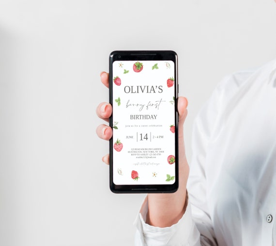 Modern Strawberry Birthday Digital Invitation Template, Mobile First Strawberry Invitation, Strawberry Birthday Evite, Text Invitation, STRW