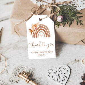 Modèle d'étiquettes de remerciement Boho arc-en-ciel, étiquettes de faveur imprimables pour baby shower, modèle modifiable, cartes-cadeaux sans distinction de sexe, garçon, fille, BHRB