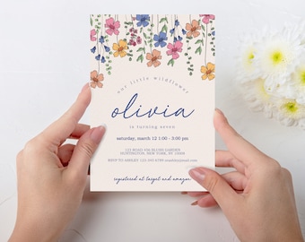 Plantilla de invitación para fiesta de cumpleaños con flores silvestres, descarga instantánea e imprimible, diseño de flores silvestres, colores pastel, editable, WFLWR
