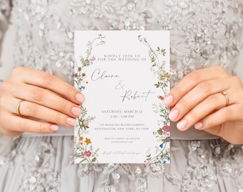 Wildflower Wedding Invitation Set Template, Printable Wedding Invitation, Wedding Invitation, Boho Wildflower Invitation, Floral Wreath, WFW
