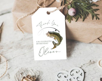 May include: White thank you tag with a black and white illustration of a fish on a fishing line. The text on the tag reads "Thank you for celebrating my birthday! Oliver"