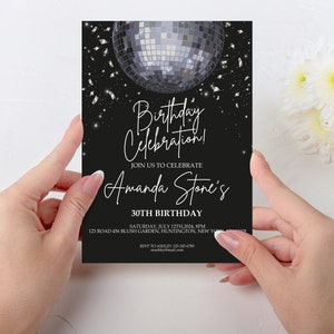 Black White Silver Disco Ball Theme Birthday Invitation Template, Disco Bday, Simple Printable  Minimalist Invite, Digital Download, DBALL