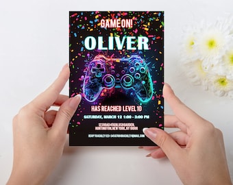 Video Game Party Invitation Template, Level Up Birthday Invite, Blue Neon Glow Invite, Glow Video Gamer Boy Template Arcade Party Invitation