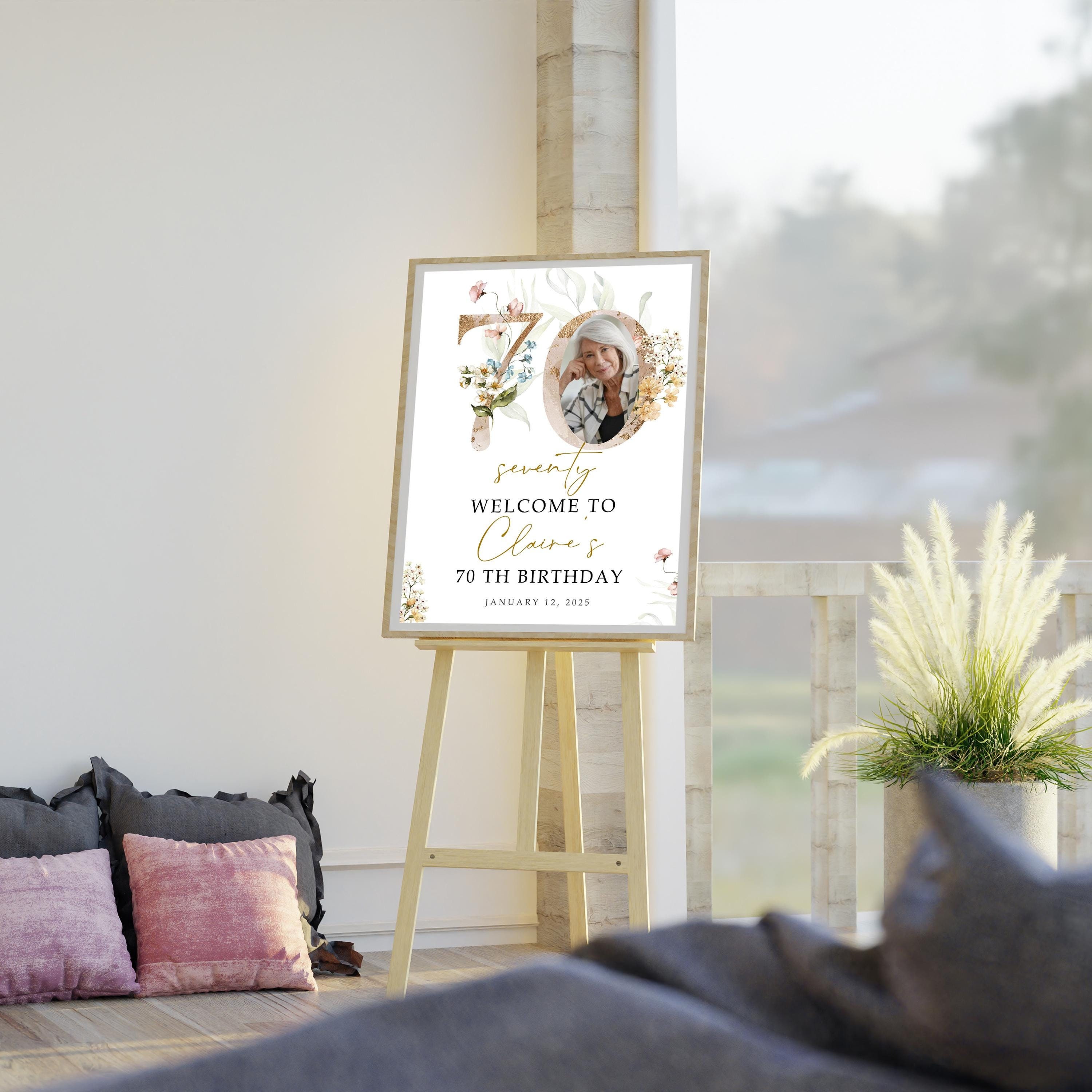 Gold Floral Number 70th Welcome Sign Template, Modern 70th Welcome Sign, 70th Poster with Photo, Birthday Black and Gold Template, 70THBI