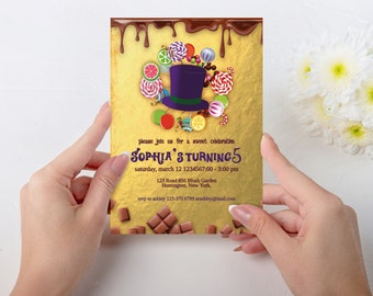 Plantilla de invitación digital de cumpleaños con boleto dorado, invitación de cumpleaños de la fábrica de chocolate, invitación con boleto, descarga instantánea, WWNK