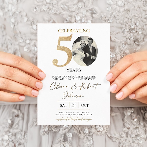 Modello di invito per il 50° anniversario di matrimonio, modello di invito per foto di anniversario d'oro, modello modificabile, con foto, 50THA