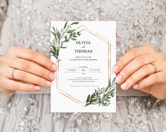 Greenery Geometric Gold Border Wedding Invitation Template, Printable Wedding Invitation, Edit Instant Download, Godl Frame Invite