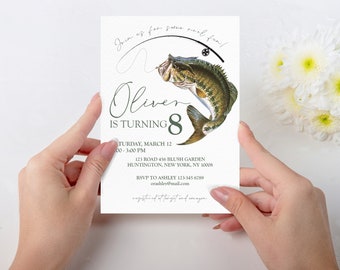 May include: A white invitation card with green text and a graphic of a fish on a fishing line. The text reads "Join us for some reel fun! Oliver is turning 8. Saturday, March 12, 1:00-3:00 PM, 123 Road 456 Blush Garden, Huntington, New York, NY 10008. RSVP to Ashley 123-345 6789, orashley@mail.com, registered at Target and Amazon."