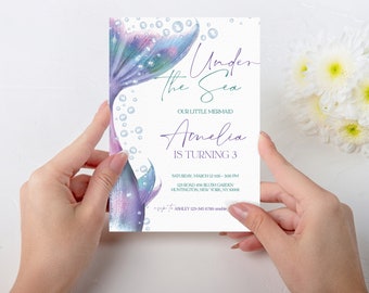 Mermaid Tail Birthday Invitation Template, Under the Sea Birthday Invitation Girl, Editable Birthday Template, Purple Teal Mermaid Birthday