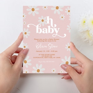 Modello modificabile per invito baby shower Groovy Daisy, invito baby shower Oh Baby Daisy, modello per invito baby shower Boho Daisy, DISY