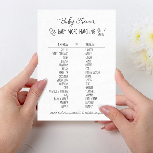 Baby Shower Word Game, British and American English Game Cards, Printable Games, Boy, Girl, Gender Neutral Baby, Instant Download, BGAME