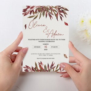 Rustic Fall Boho Wedding Invitation Template, Sienna Autumn Leaves and Greenery, Download Editable Invite, Printable Marriage