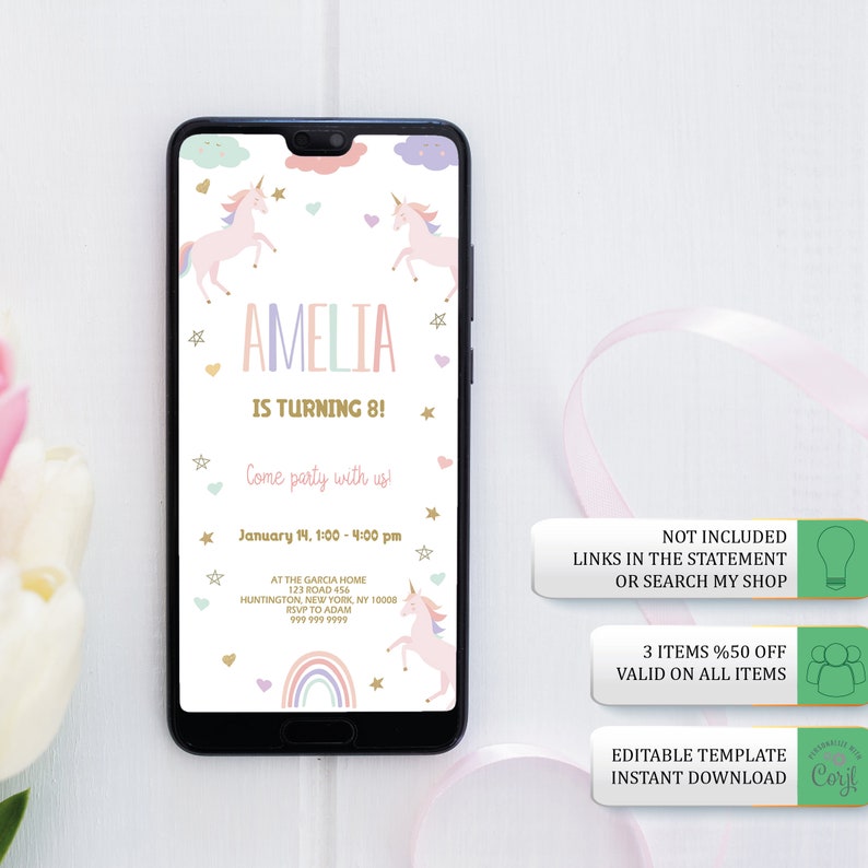 Electronic Unicorn Birthday Invitation Editable Template Etsy