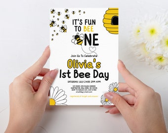 Erste Geburtstagsfeier-Einladungsvorlage, Fun To Bee One 1st Bee Day Gelbe Honigbiene unter dem Motto, bearbeitbare Bienen-Tag einladen, Hummel-Thema, BIENE