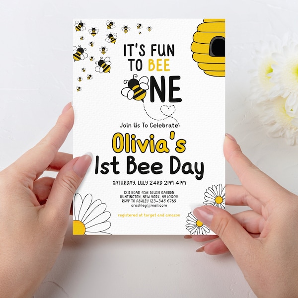 First Birthday Party Invitation Template, Fun To Bee One 1st Bee Day Yellow Honey Bee Themed, Editable Bee-Day Invite, Bumble Bee Theme, BEE