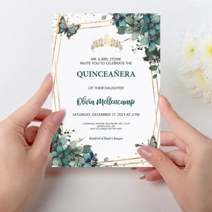 Emerald grüne Blumen Schmetterlinge Quinceamaßa Einladung Vorlage, Mis Quince 15 Anos Geburtstag einladen, Sofort Download, Bearbeitbar, QUIN