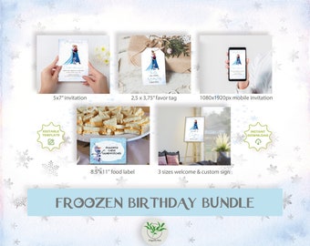 Frozen Birthday Party Template Set , Invitation, Mobile Invitation, Favor Tags, Welcome Signs, Food Label, Elsa, Anna, Olaf, Instant FRZN