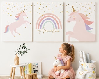Set van 3, Eenhoorn Muurdecoratie voor de Kinderkamer, Gepersonaliseerd, Eenhoorn Decoratie voor Meisjeskamer, Boho Eenhoorn Thema, Meisjeskamer, Roze Regenboog Decoratie, WART, UNC