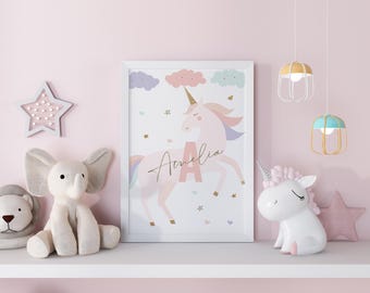 Unicorn Nursery Wall Art, Personalised Girl Bedroom Decor, Cute
