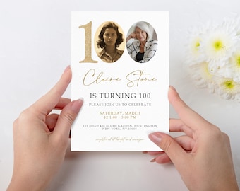 Puede incluir: Una tarjeta de invitación blanca con letras doradas anunciando una fiesta de cumpleaños número 100 para Claire Stone. La invitación incluye la fecha, la hora y la ubicación del evento. Se incluyen dos fotos de la cumpleañera en marcos ovalados.
