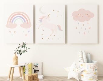 3er Set, Einhorn Kinderzimmer Wandkunst, personalisiert, Mädchen Schlafzimmer Einhorn Dekor, Boho Einhorn Thema, Mädchen Schlafzimmer, rosa Regenbogen Dekor,WART,UNC