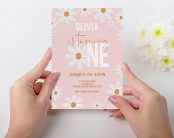Daisy First Birthday Party Invitation Template, Daisy Birthday Invite, Boho Daisy First Birthday Evite,Floral Digital invite, DISY