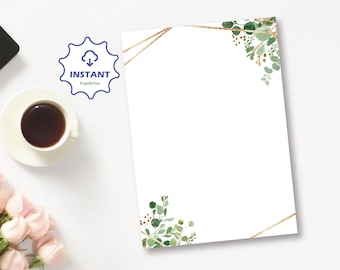 May include: A white printable stationery sheet with a gold geometric frame and green watercolor eucalyptus leaves in the corners.