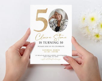 Gold Number 50th Birthday Invitation Template, 50th Birthday Invitation with Photo, Simple 50th Invitation, Seventy Birthday, 50THBI