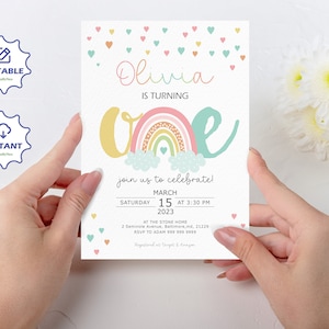 Boho Rainbow Girl Pastel First Birthday Invitation Template, 1st Birthday Invitation Template, Editable Rainbow Invite,Boho Party Invitation