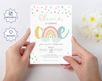Boho Rainbow Girl Pastel First Birthday Invitation Template, 1st Birthday Invitation Template, Editable Rainbow Invite,Boho Party Invitation