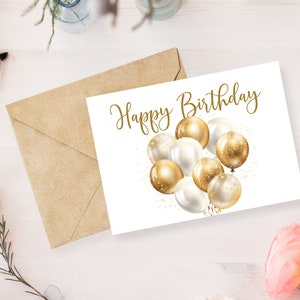 Alles Gute zum Geburtstagskarte, digitaler Download druckbare Geburtstagskarte mit Aquarell Gold und weißen Luftballons, druckbare alles Gute zum Geburtstagskarte